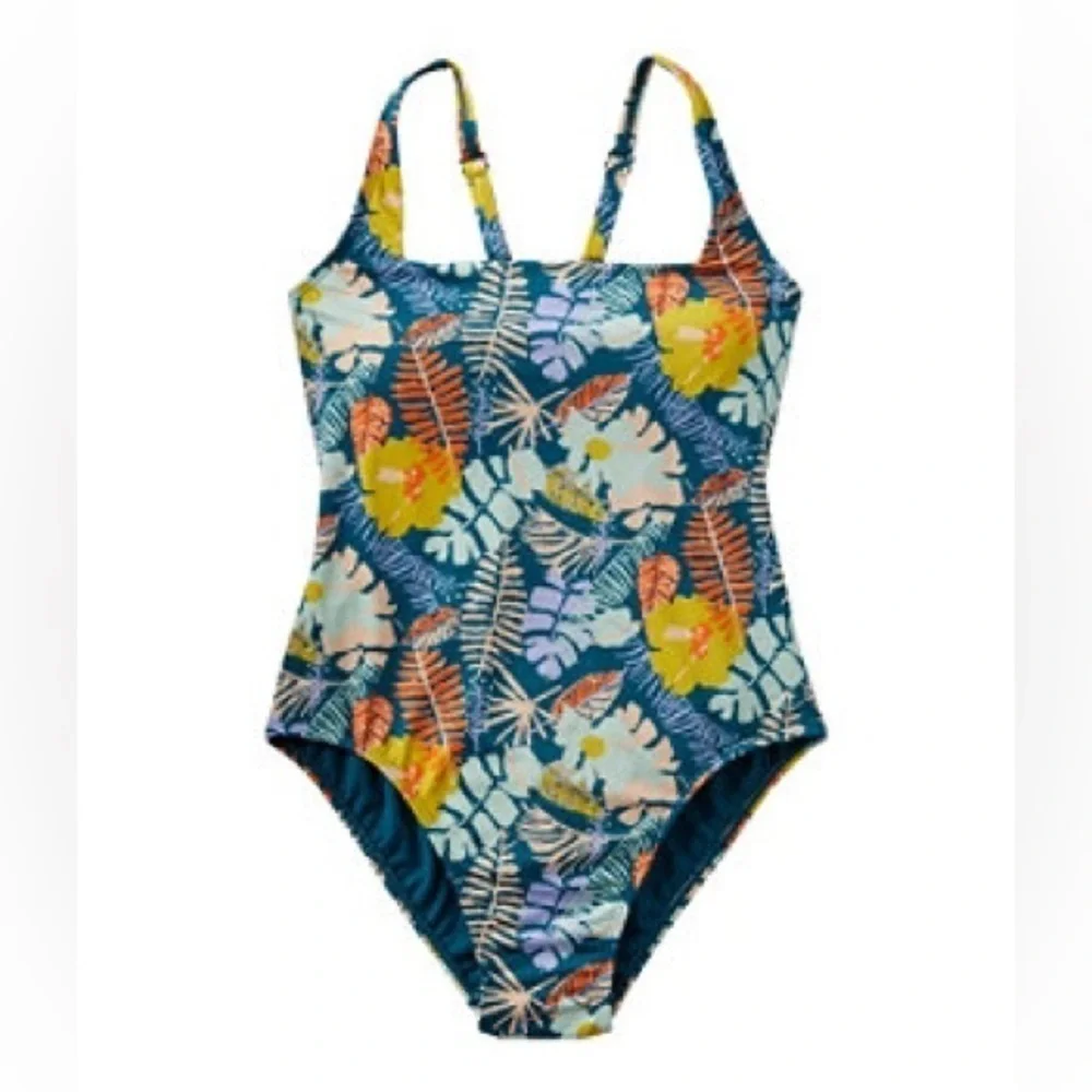 NWT Currents Swimwear, Squareneck Tanksuit Regular Deepwater Blue Multi Fern
